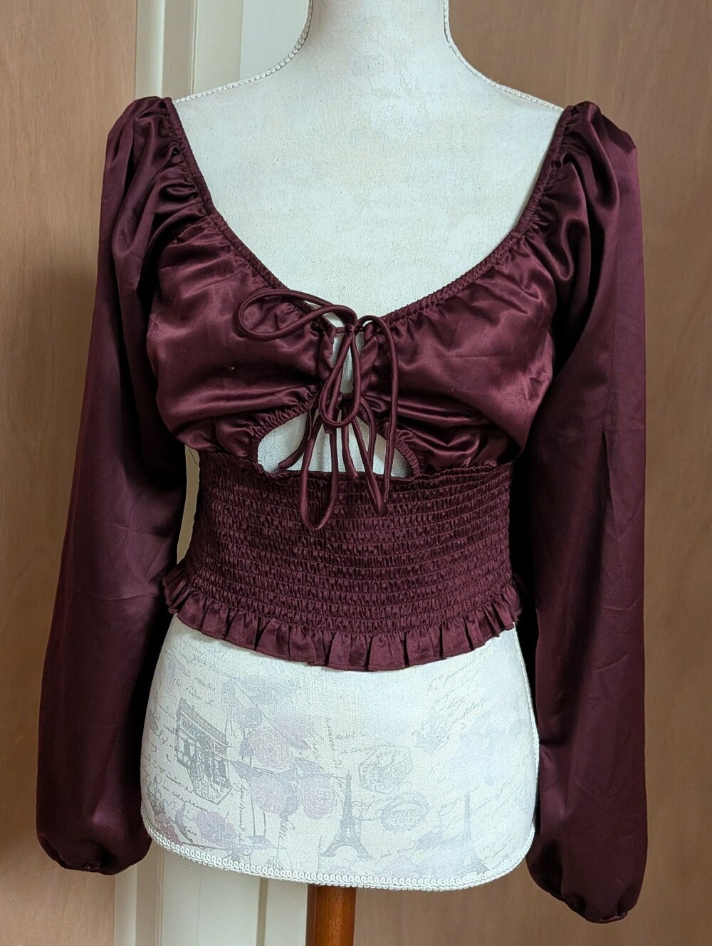 Y2K Crave Fame Burgundy Satin Lace-Up Ruched Puff Sleeve Top L
